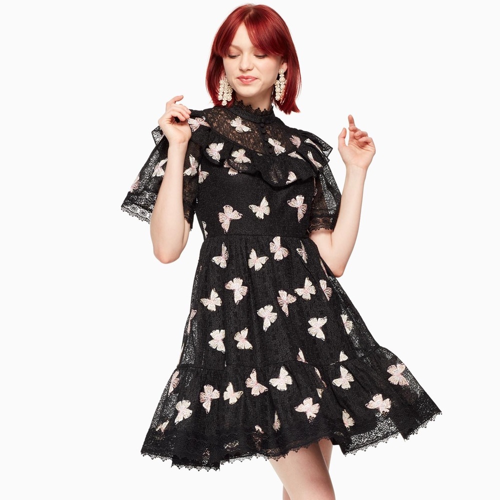 Kate Spade Black and Pink Embroidered Butterfly Dress Size 4